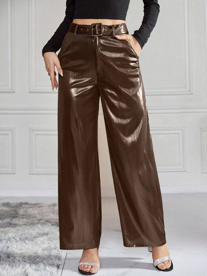 CM-BS994540 Women Elegant Seoul Style High Waist Belted Metallic Wide Leg Pants - Brown