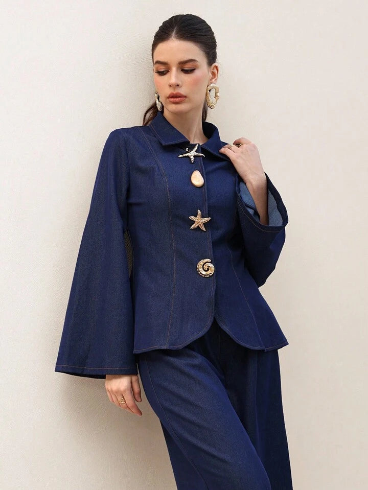 CM-SS555905 Women Elegant Seoul Style Metal Button Decor Long Sleeve Denim Top With High Waist Wide Leg Pants - Set