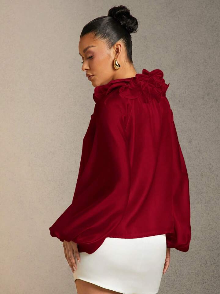 CM-TS761367 Women Elegant Seoul Style Solid Color Ruffle Trim Tie Neck Lantern Sleeve Blouse - Burgundy