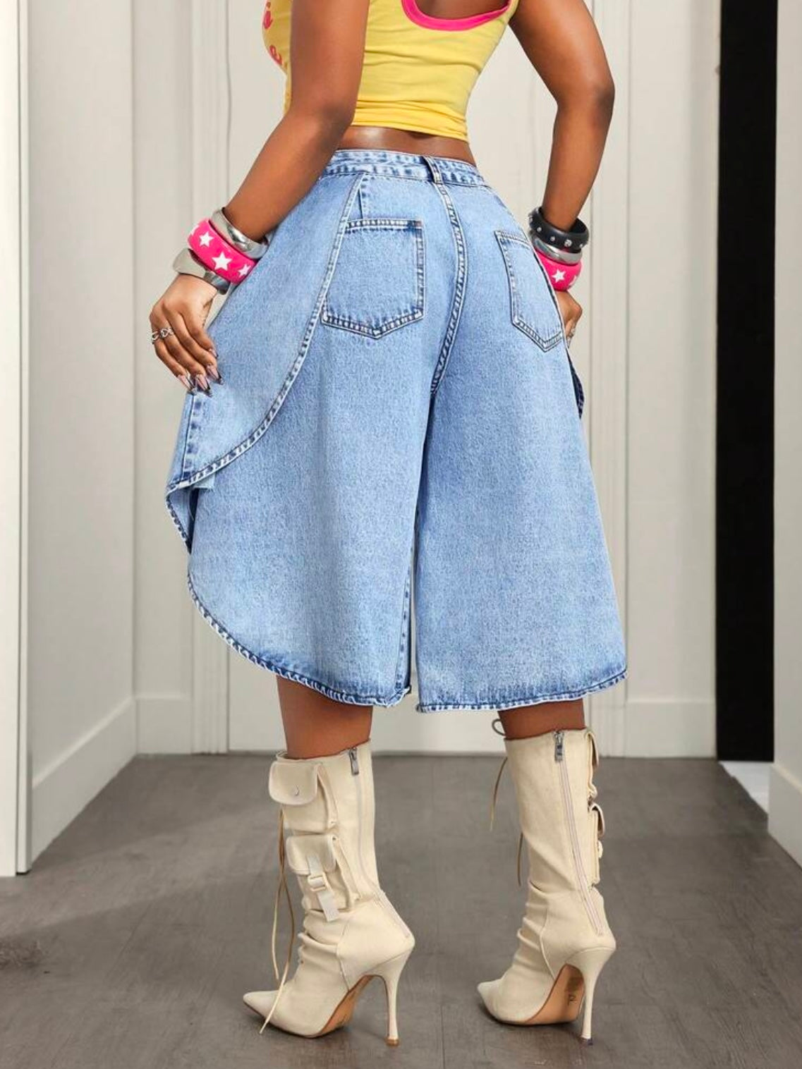CM-BS362252 Women Casual Seoul Style Mid Waist Loose Fit Wide Leg Denim Shorts - Blue