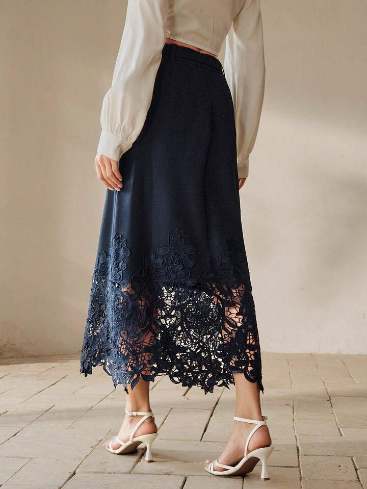 CM-BS827274 Women Elegant Seoul Style Hollow Embroidered Lace Patchwork A-Line Belted Mid-Length Skirt