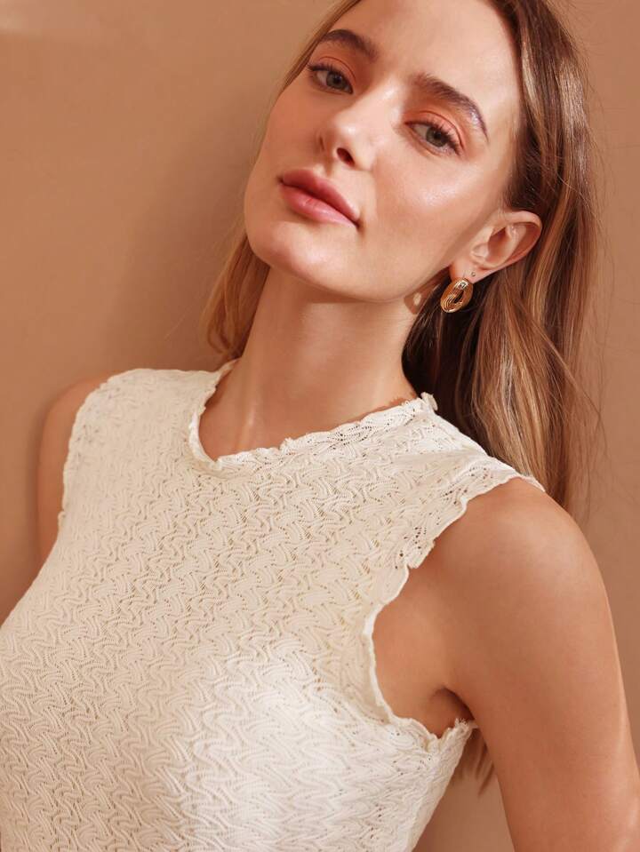 CM-DS951843 Women Elegant Seoul Style Round Neck Sleeveless Frill Trim Dress - White