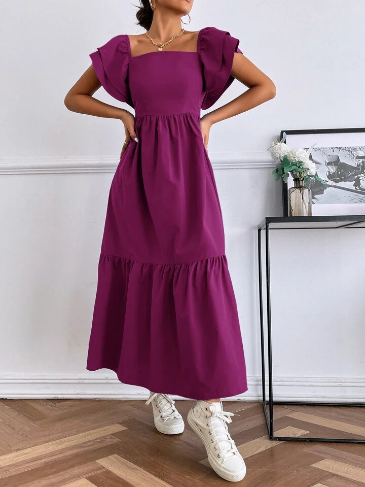 CM-DS813851 Women Trendy Bohemian Style Layered Sleeve Ruffle Hem Dress - Purple