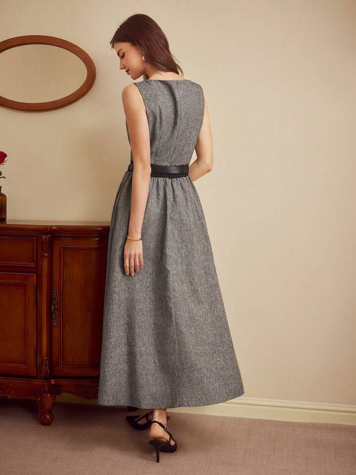 CM-DS511370 Women Elegant Seoul Style Fitted Boat Neck Sleeveless Sheath Belted Dress - Gray