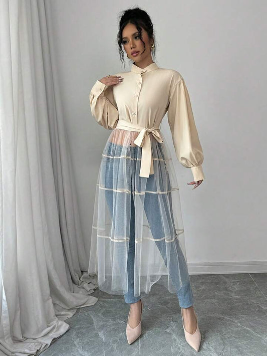 CM-TS484032 Women Casual Seoul Style Front Button Long Sleeve Mesh Contrast Minimalist Blouse