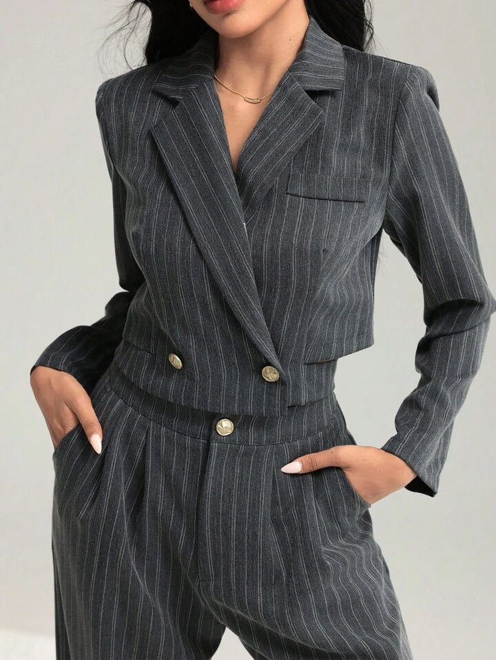 CM-SS215465 Women Elegant Seoul Style Striped Tie-Back Short Jacket With Wide-Leg Pants - Set