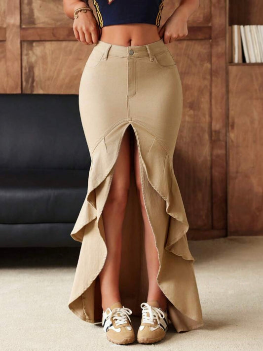 CM-BS925410 Women Casual Seoul Style Asymmetrical Ruffled Hem Side Slit Long Denim Skirt - Khaki