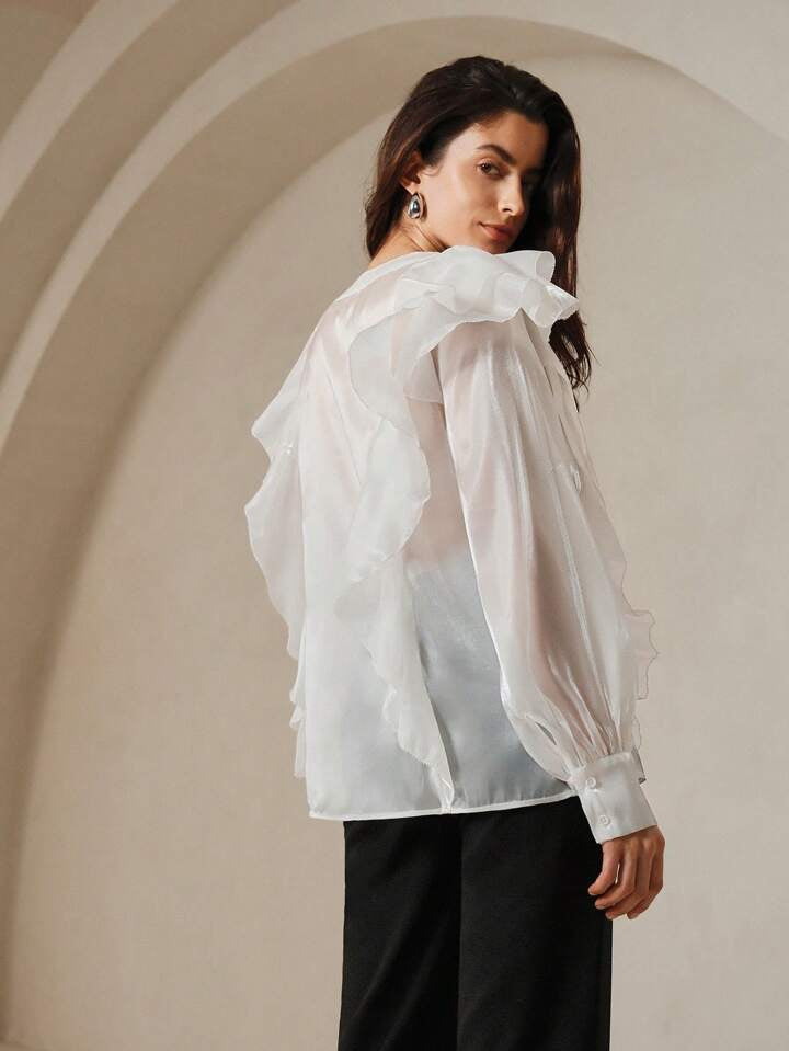 CM-TS150474 Women Elegant Seoul Style V-Neck Multi-Layered Bubble Sleeve Blouse - White