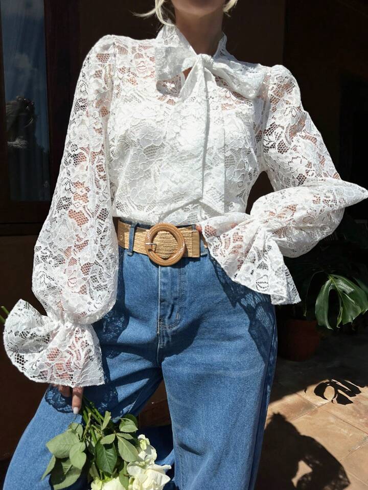 CM-TS646834 Women Trendy Bohemian Style Bow-Tie Strap Lantern Sleeve Lace Shirt - White