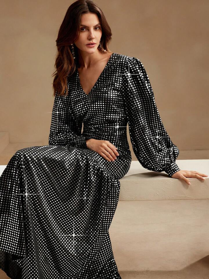 CM-DS106765 Women Elegant European Style V-Neck Long Sleeve High Waist A-Line Maxi Dress - Black