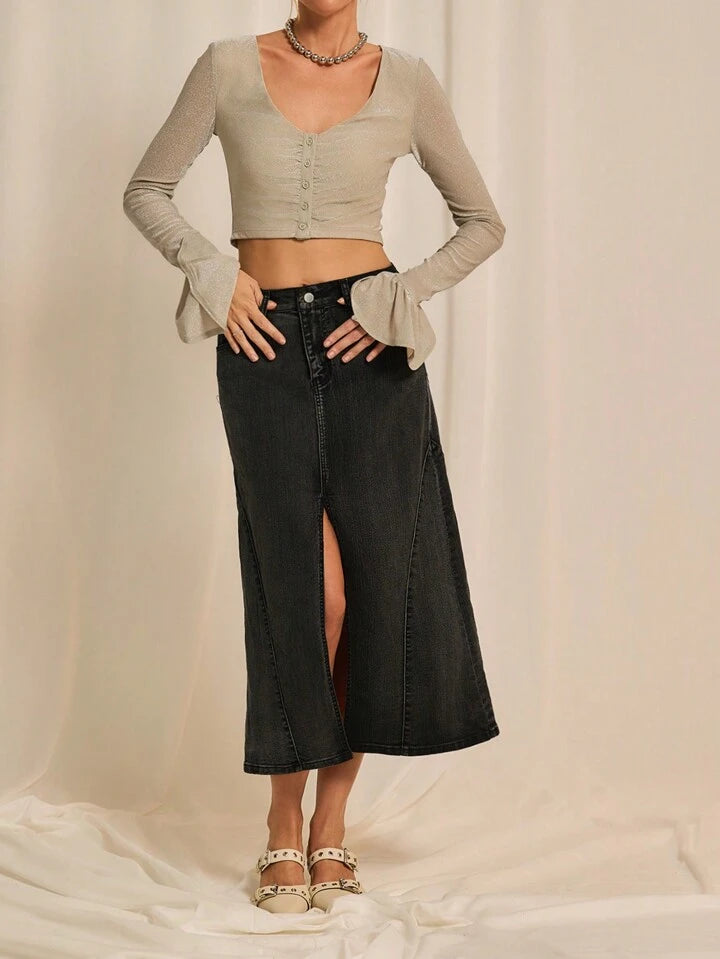 CM-BS350688 Women Casual Seoul Style Drop Waist A-Line Denim Skirt - Black