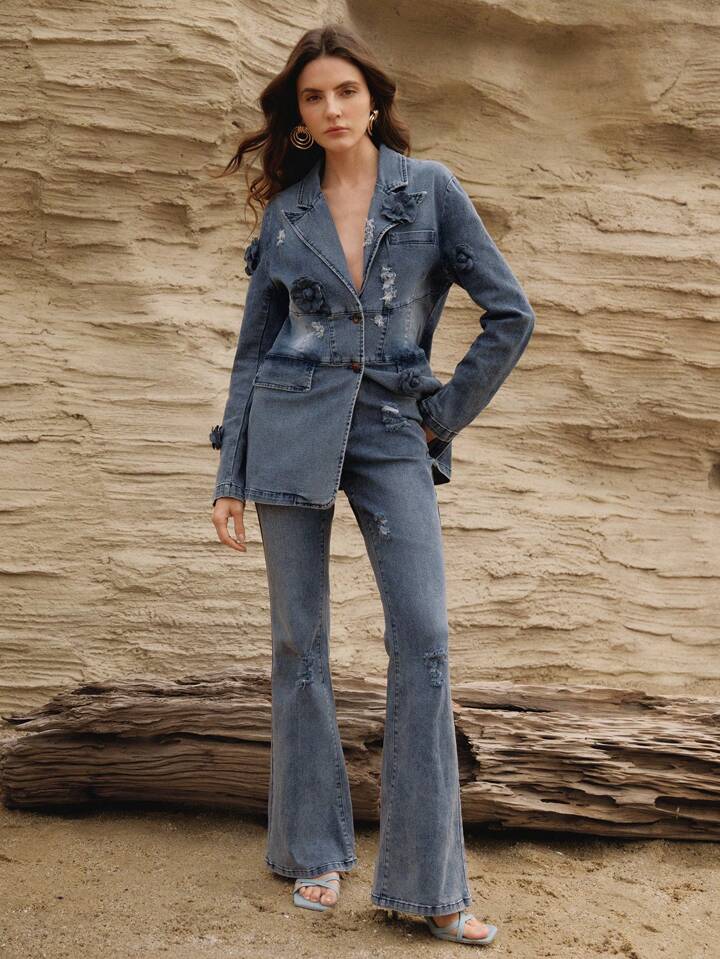 CM-CS412231 Women Elegant Seoul Style Lapel Neckline Single-Breasted Loose Fit Denim Jacket - Blue