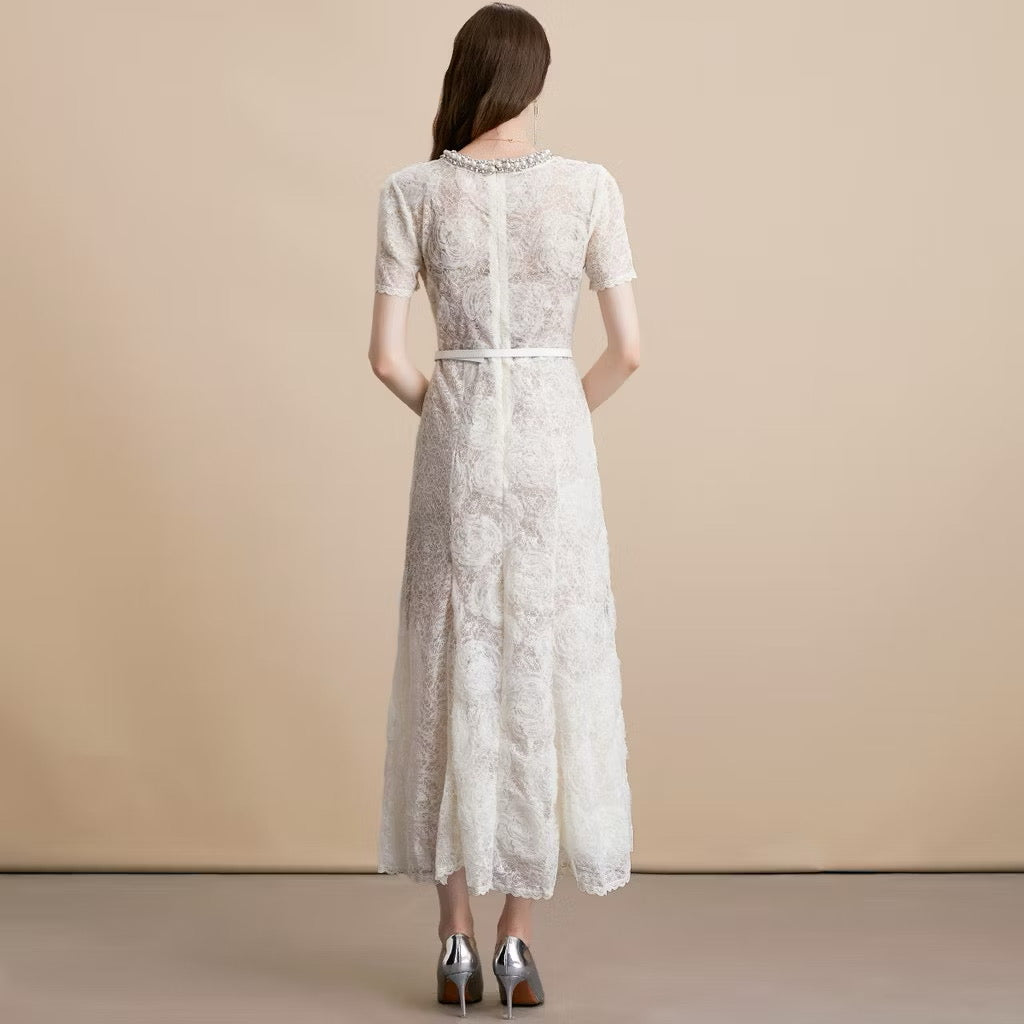 CM-DY054179 Women Elegant European Style Lace Round Neck Short Sleeve Medium Waist Midi Dress - Apricot