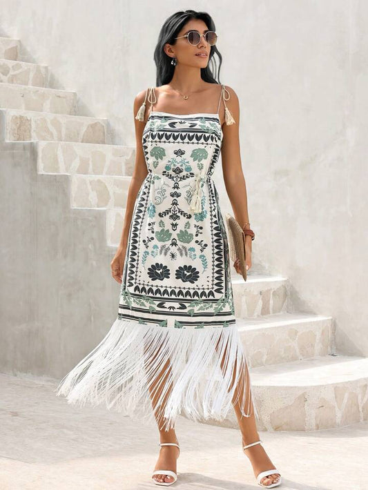 CM-DS375681 Women Trendy Bohemian Style Spaghetti Strap Fringe Decorated Sleeveless Dress