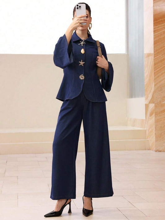 CM-SS555905 Women Elegant Seoul Style Metal Button Decor Long Sleeve Denim Top With High Waist Wide Leg Pants - Set