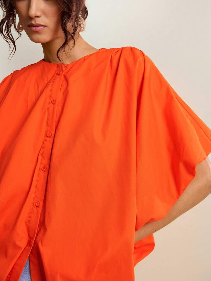 CM-TS752915 Women Casual Seoul Style Loose Cardigan Collar Batwing Sleeve Oversized Shirt - Orange