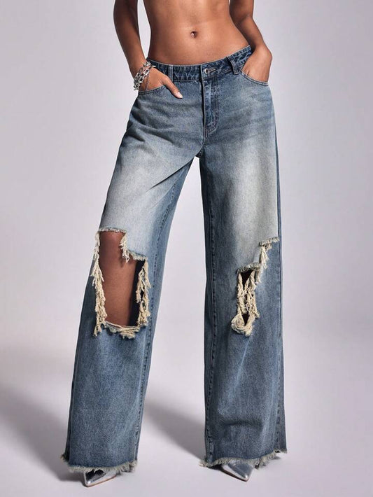 CM-BS991175 Women Casual Seoul Style Medium Wash Distressed Patchwork Loose-Fit Wide Leg Jeans