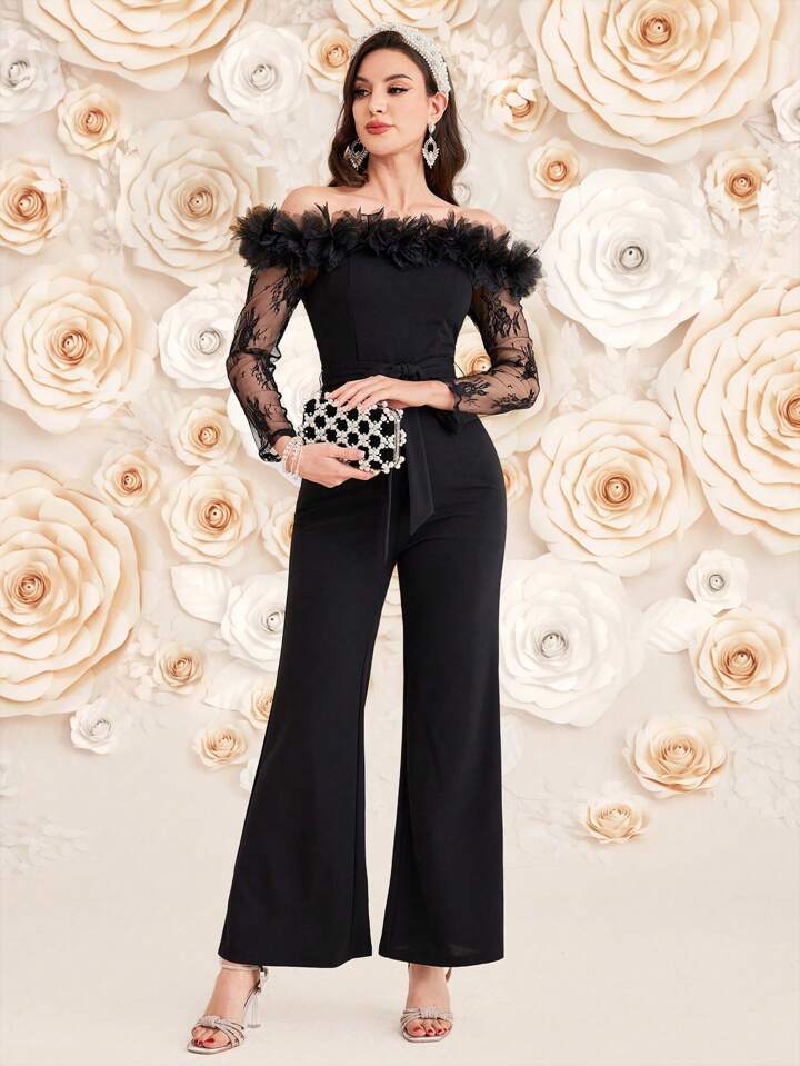 CM-JS463843 Women Elegant Seoul Style Lace Spliced One Shoulder Long Sleeve Jumpsuit - Black