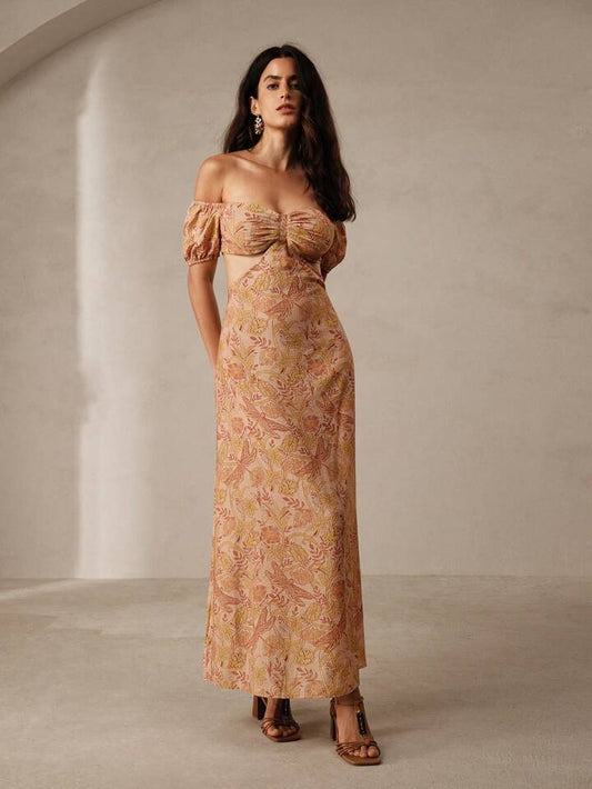 CM-DS104814 Women Trendy Bohemian Style Printed Puff Sleeve Pleated Hollow Out Dress - Ginger