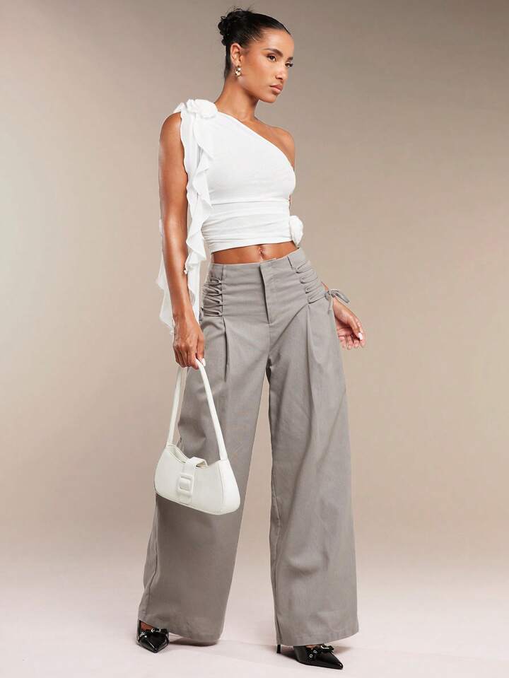 CM-BS449594 Women Casual Seoul Style Cross Waist High Waist Wide Leg Trousers - Gray