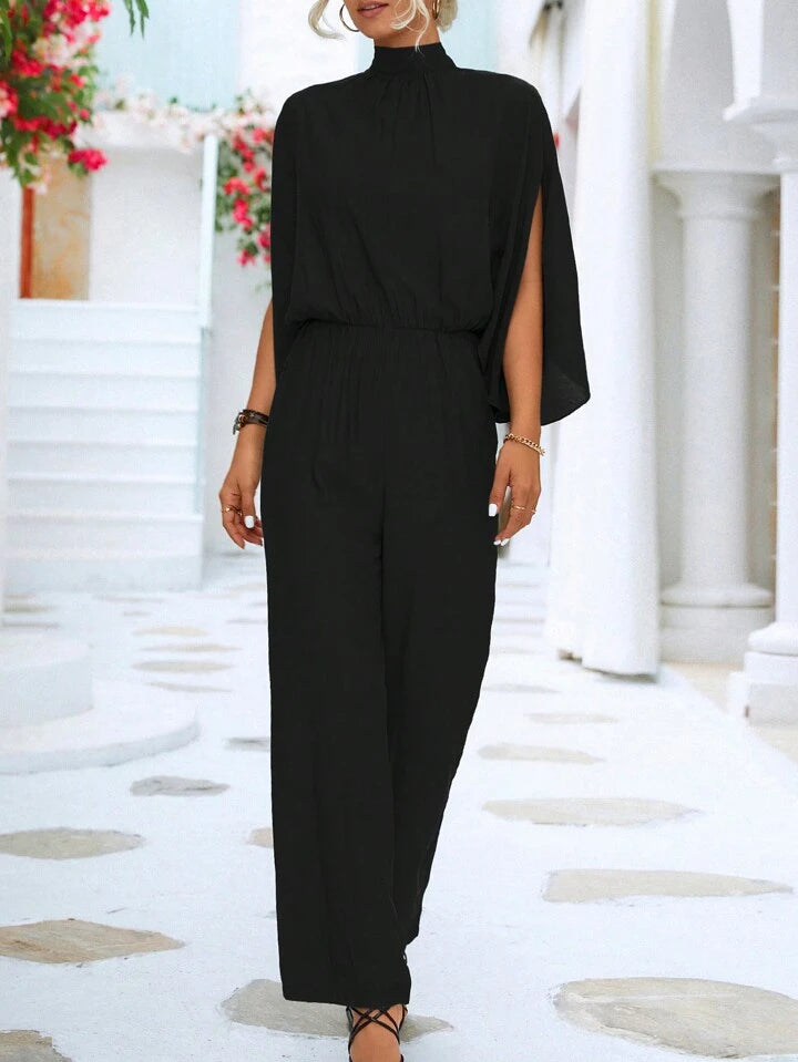 CM-JS121816 Women Trendy Bohemian Style Stand Collar Tie Back Split Sleeves Jumpsuit - Black