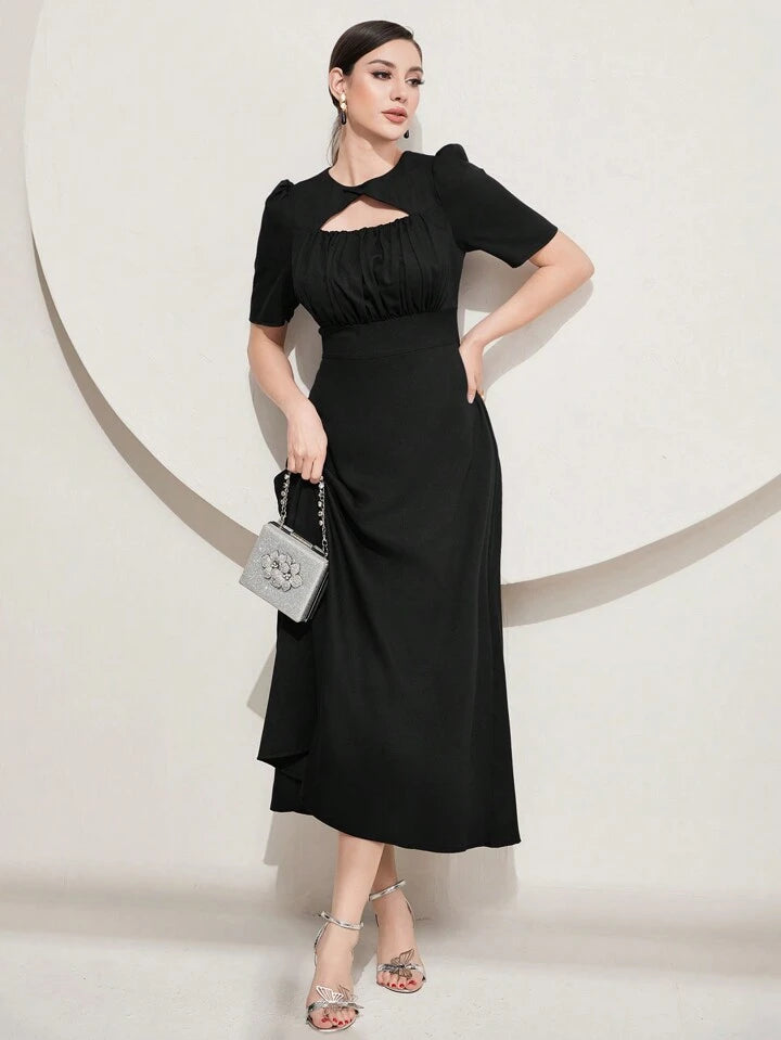 CM-DS460216 Women Elegant Seoul Style Short Sleeve Solid Color Hollow Out Dress - Black