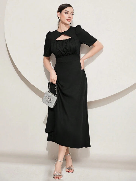CM-DS460216 Women Elegant Seoul Style Short Sleeve Solid Color Hollow Out Dress - Black