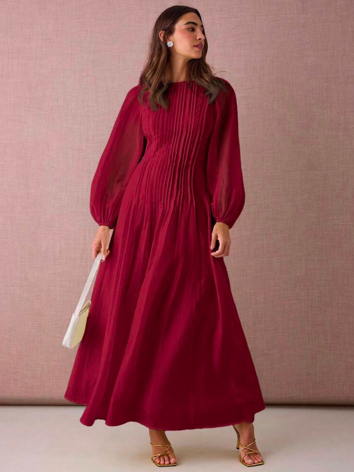 CM-DS919801 Women Elegant Seoul Style Round Neck Lantern Sleeve Pleated Design A-Line Maxi Dress - Burgundy