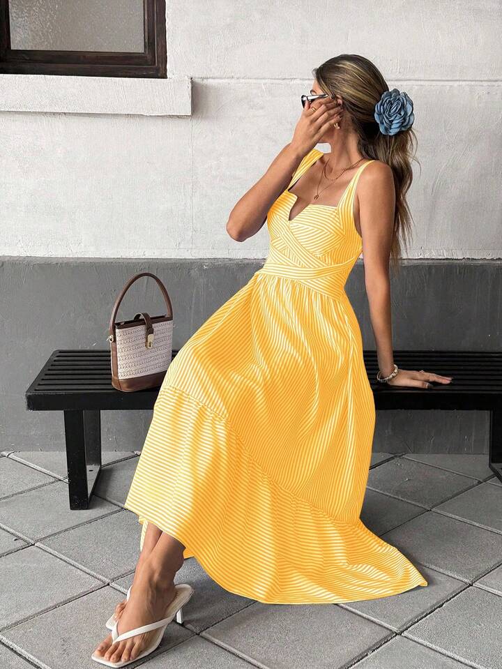 CM-DS108061 Women Trendy Bohemian Style V-Neck Sleeveless Striped Criss-Cross Dress - Yellow