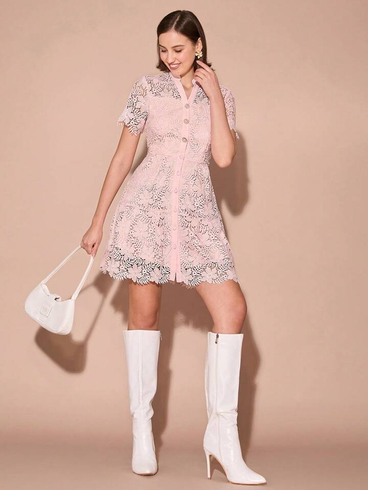 CM-DS155006 Women Elegant Seoul Style V-Neck Lace Short Sleeve Single-Breasted Mini Dress - Pink