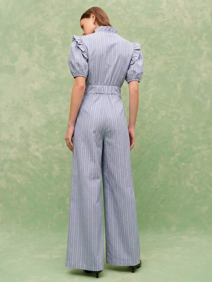CM-JS373559 Women Casual Seoul Style Ruffled Collar Puff Sleeve Wide Leg Pinstripe Jumpsuit - Blue