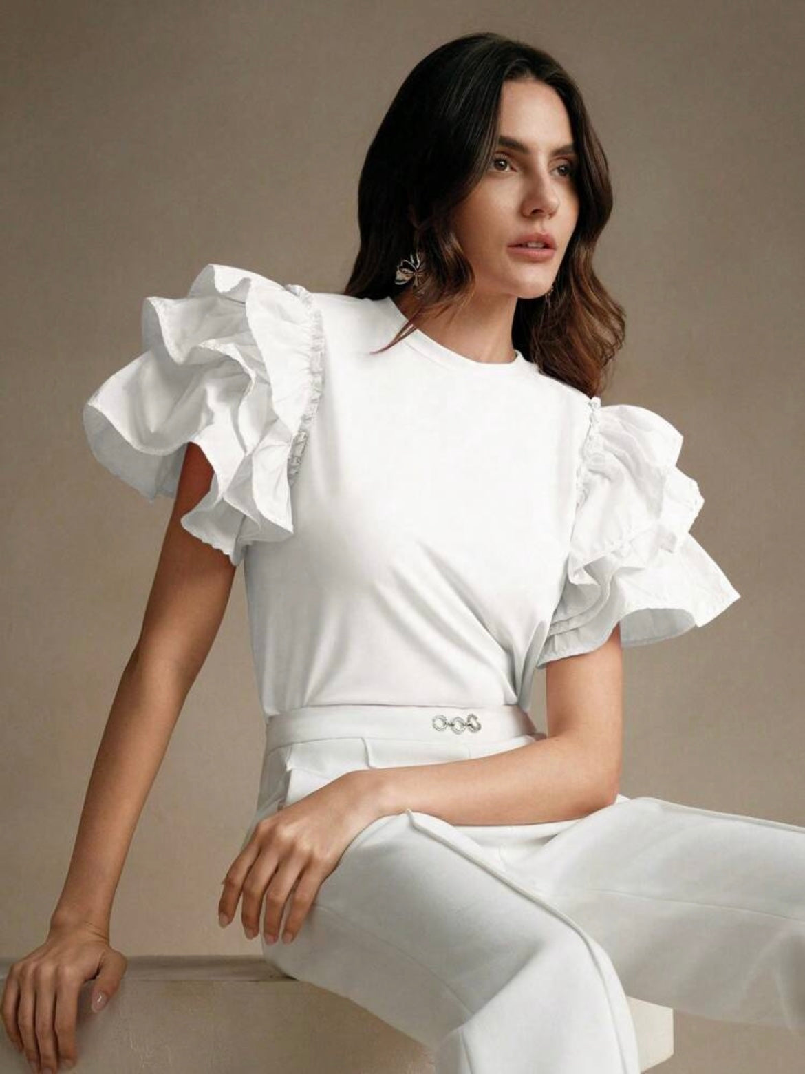 CM-TS528522 Women Casual Seoul Style Round Neck Puff Sleeve Ruffle Hem Splice Short Sleeve T-Shirt