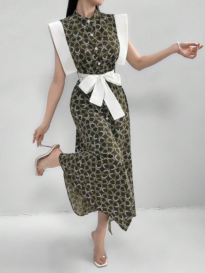 CM-DS906166 Women Casual Seoul Style Stand Collar Sleeveless Geometric Printed Patchwork A-Line Dress