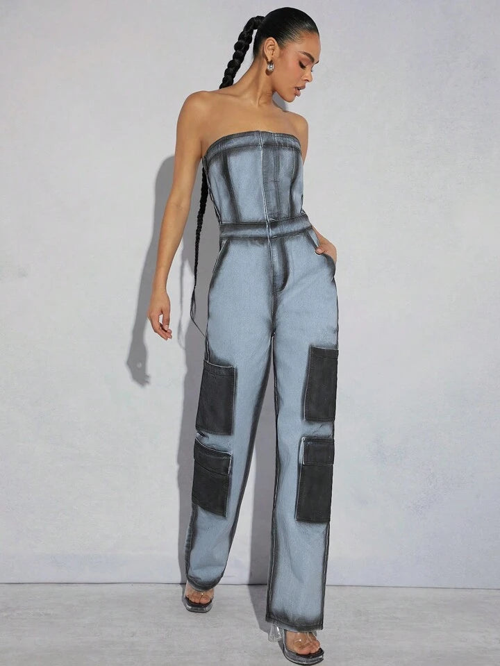 CM-JS191157 Women Elegant Seoul Style Light Wash Colorblock Tube Cargo Denim Jumpsuit