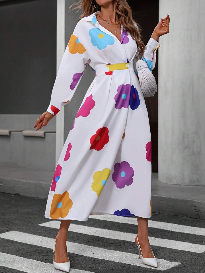 CM-DS799277 Women Casual Seoul Style Long Sleeve Shirt Collar Pleated Waist Floral Print Dress