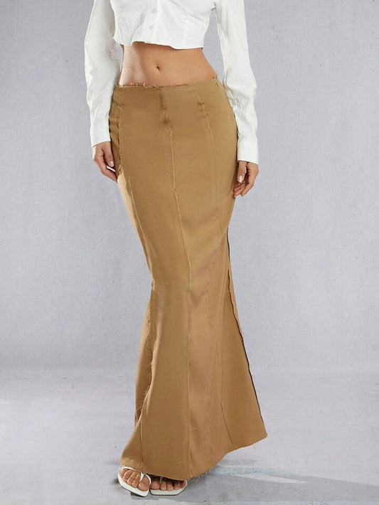 CM-BS865566 Women Casual Seoul Style Seam Detail Raw Edge Maxi Skirt - Beige