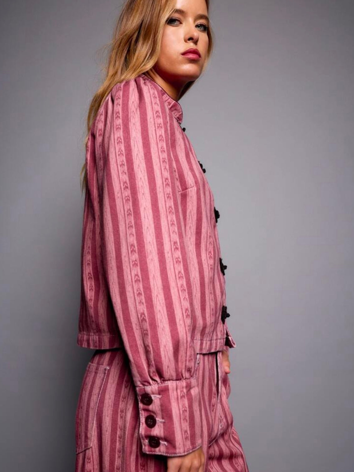 CM-CS287781 Women Elegant Seoul Style Stand Collar Short Sleeve Button Front Striped Jacket - Hot Pink