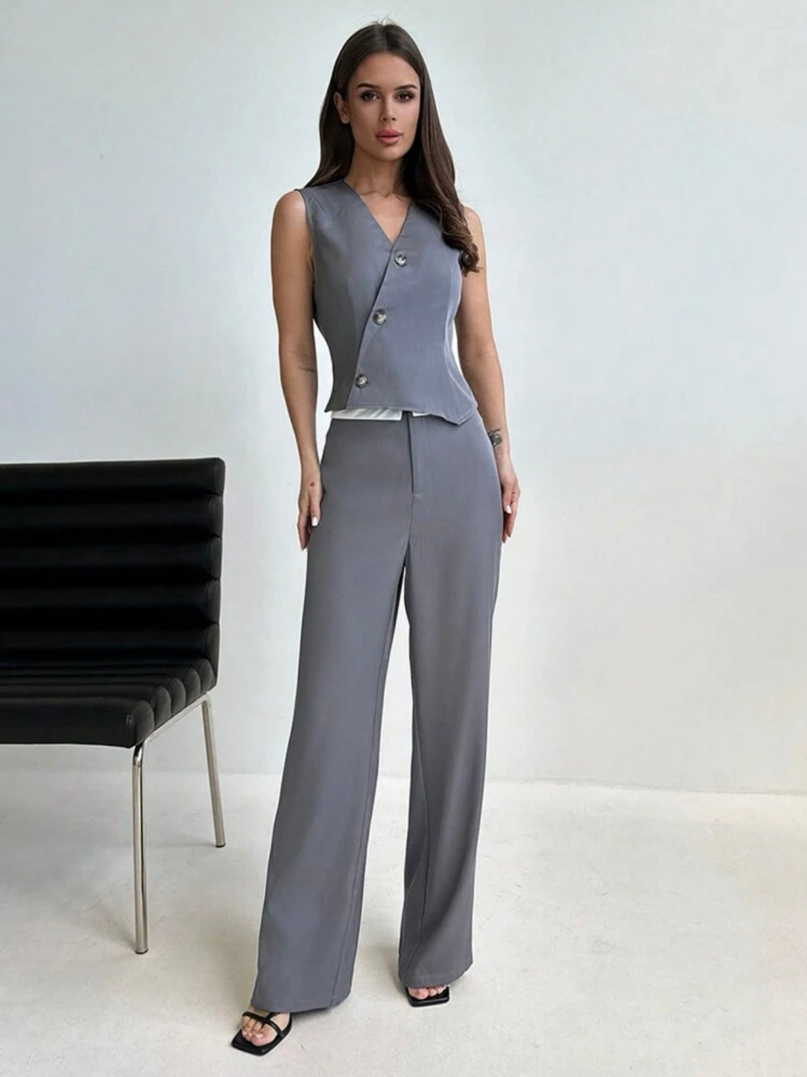 CM-SS615555 Women Elegant Seoul Style Colorblock Sleeveless Vest With Waist Belt Low Waist Long Tail Suit - Gray