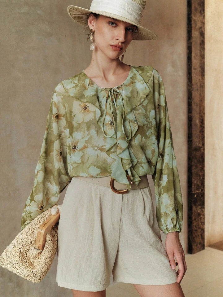 CM-TS843483 Women Casual Seoul Style Floral Print Turquoise Lantern Sleeves Ruffled Decor Tie Neckline Shirt