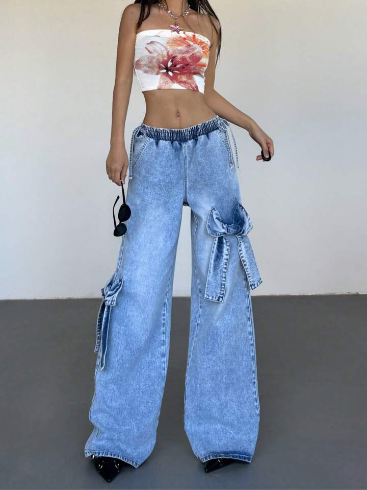 CM-BS959212 Women Casual Seoul Style Bow Decor Patch Pocket Wide Leg Denim Jeans - Blue