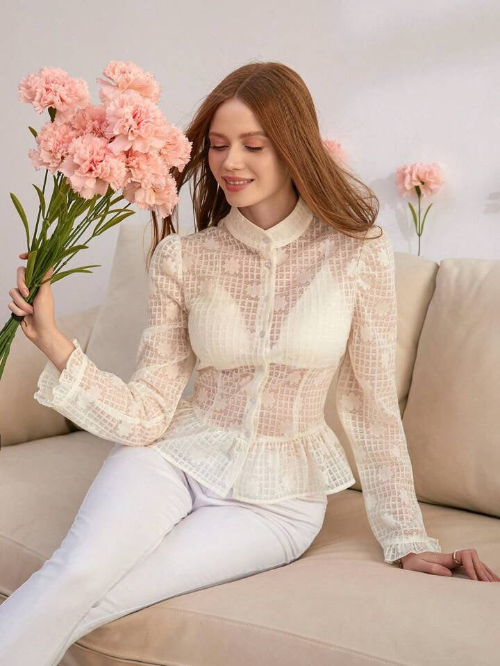 CM-TS612678 Women Elegant Seoul Style Long Sleeve Sheer Mesh Blouse - Beige