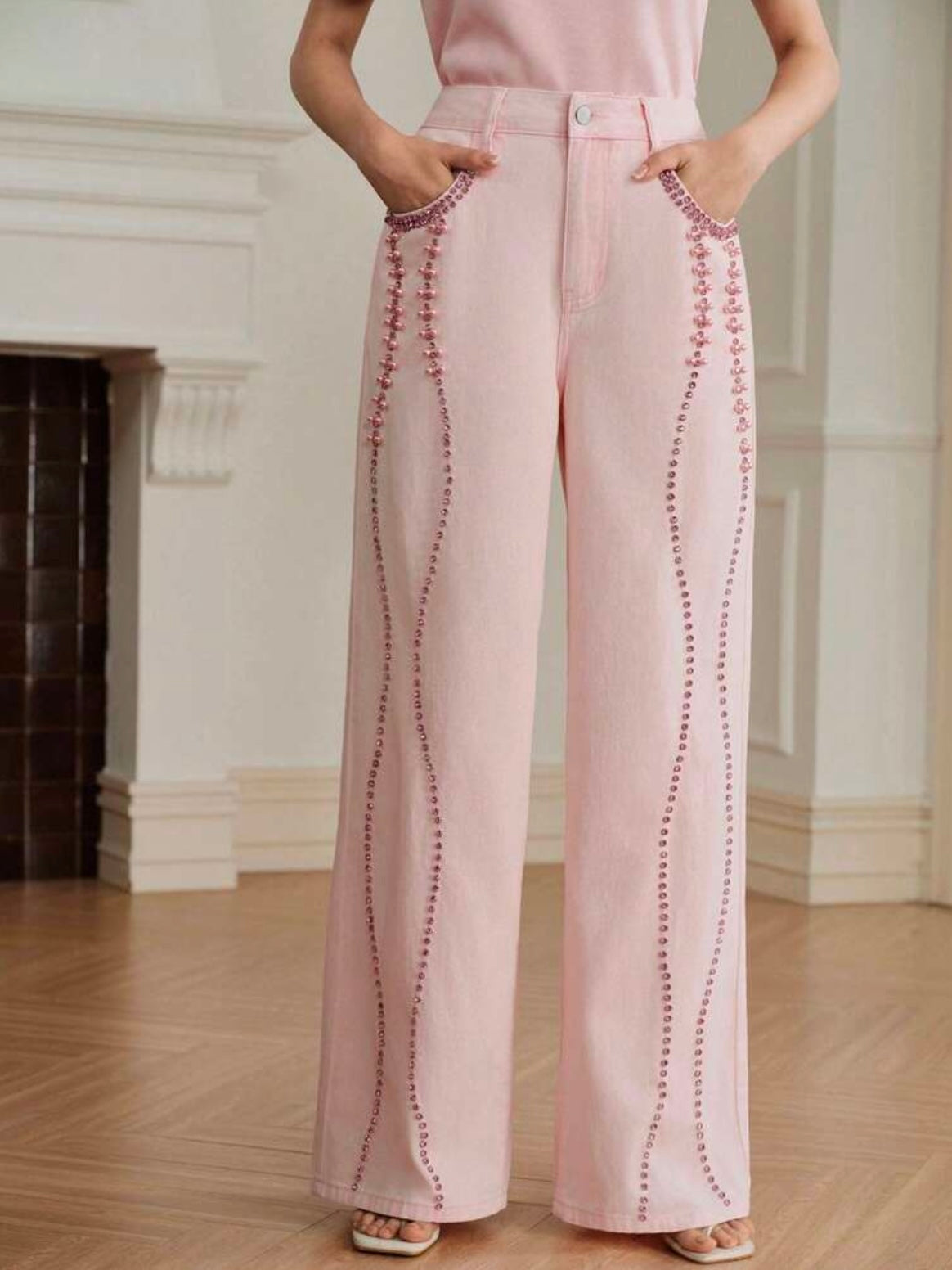 CM-BS535860 Women Elegant Seoul Style Mid Waist Beaded Rhinestone Straight Leg Jeans - Pink