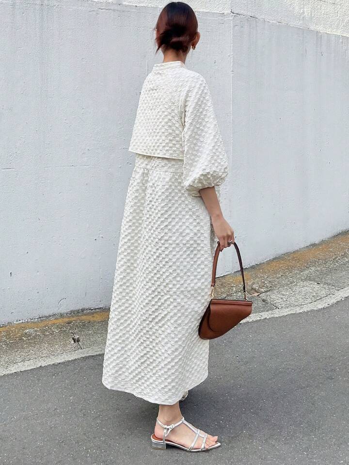 CM-DS502502 Women Casual Seoul Style Textured Stand Collar Puff Sleeve Loose A-Line Dress - Apricot