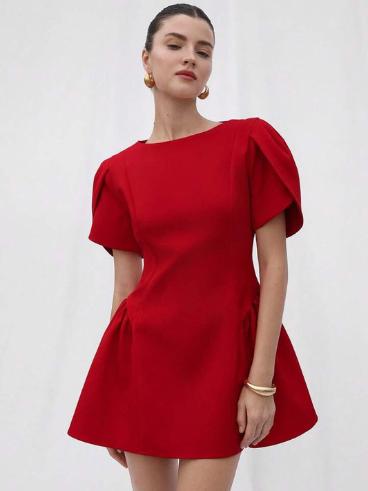 CM-DS891979 Women Elegant Seoul Style Tulip Print Puff Spliced Hem Round Neck Short Sleeve Dress - Red