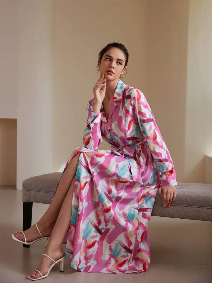 CM-DS442002 Women Casual Seoul Style Printed Turn-Down Collar Cinched Waist Waist Long Sleeve Dress
