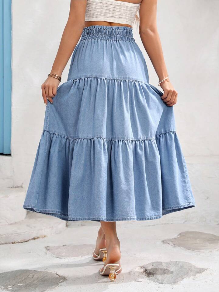 CM-BS575095 Women Trendy Bohemian Style Loose Elastic Waist Denim Skirt - Blue