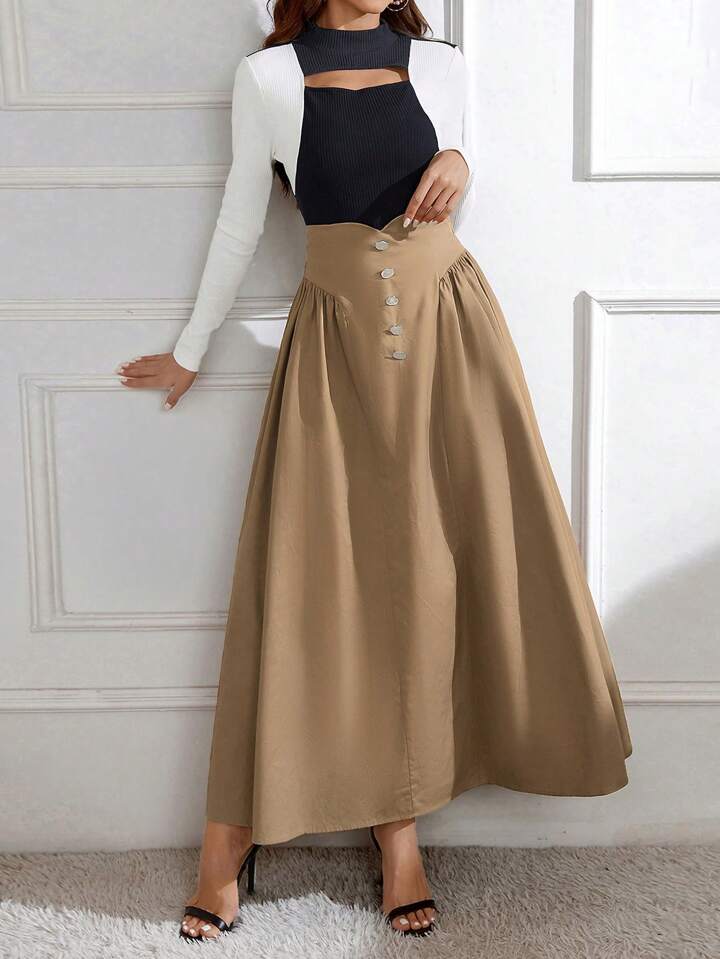 CM-BS236107 Women Elegant Seoul Style Button Decorated Pleated Skirt - Khaki