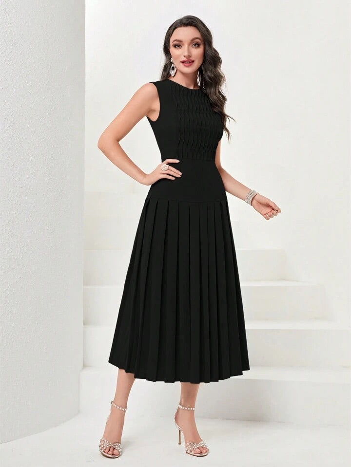 CM-DS703515 Women Elegant Seoul Style Sleeveless Solid Pleated Hem Dress - Black