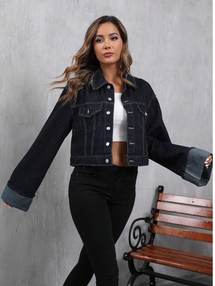 CM-CS534735 Women Casual Seoul Style Collar Neckline Extra Long Rolled Sleeve Denim Jacket - Blue