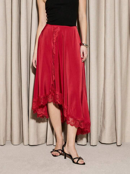 CM-BS631291 Women Elegant Seoul Style Satin Delicate Lace Trim Asymmetric Hanky Hem Design Skirt - Red